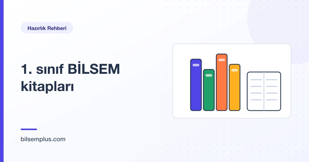 Sıralanmış çocuk kitapları ve açık bir alıştırma kitabı çizimi — 1. sınıf BİLSEM hazırlık kitapları
