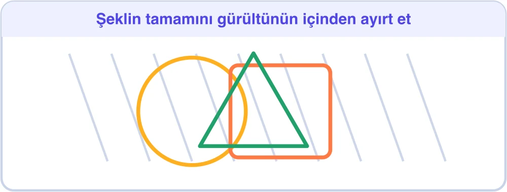 Eğik çizgilerden oluşan zemin üzerinde iç içe geçmiş daire, kare ve üçgen — BİLSEM görsel algı testi şekil-zemin örneği
