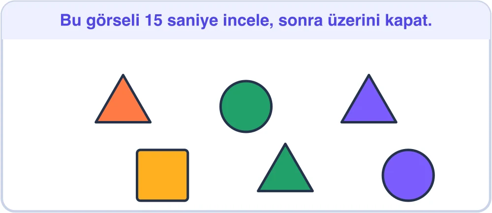 İki sıraya dağılmış üçgen, daire ve karelerden oluşan şekil kümesi — BİLSEM hafıza soruları sayı hatırlama örneği