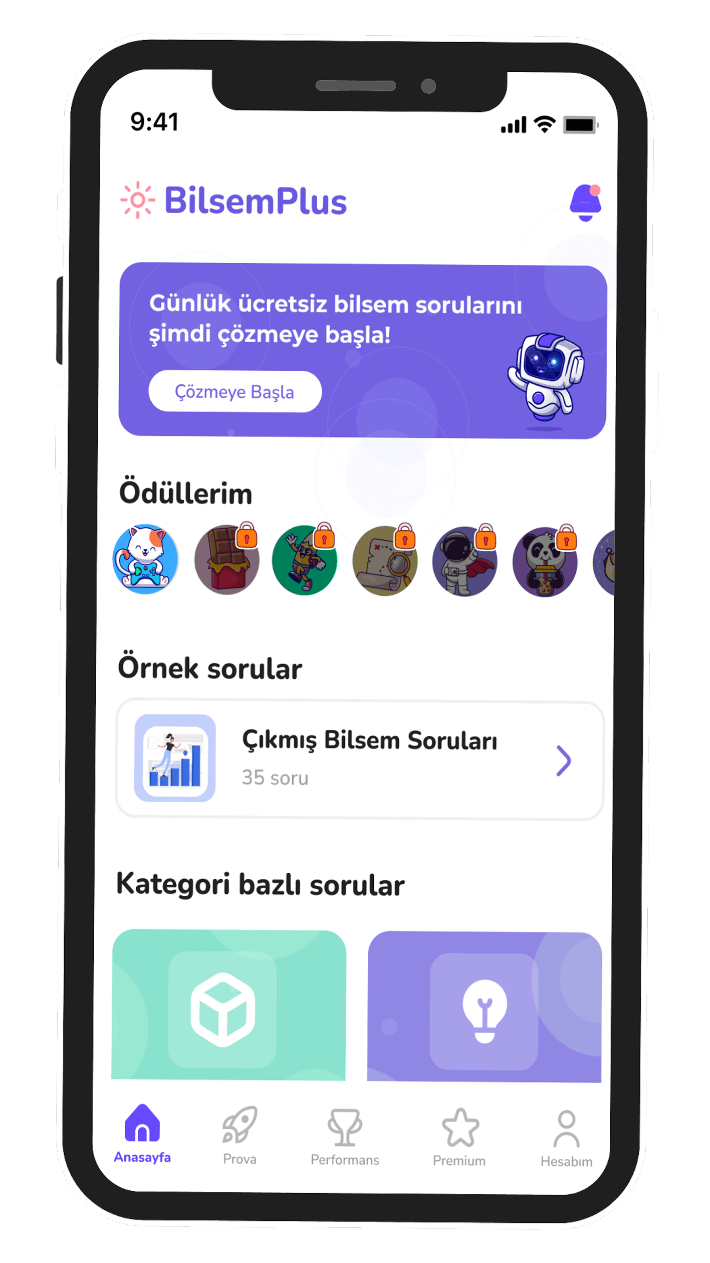 BİLSEM Plus uygulamasında kategori bazlı örnek soru ekranı